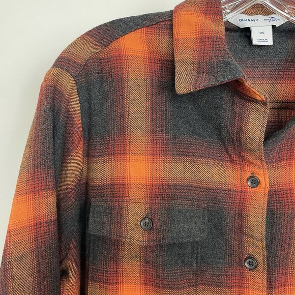 Old Navy Taylor Swift Evermore Boyfriend Shirt XS *Cropped* Orange Black Plaid O - Picture 3 of 11
